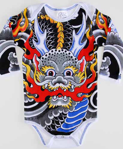 The company's line or tattoo inspired baby clothes are bright, colorful and